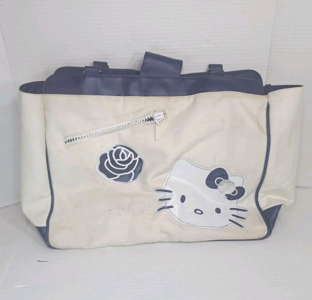Vintage 2007 Sanrio Hello Kitty Tote Bag Navy Blue White Faux Leather Purse READ